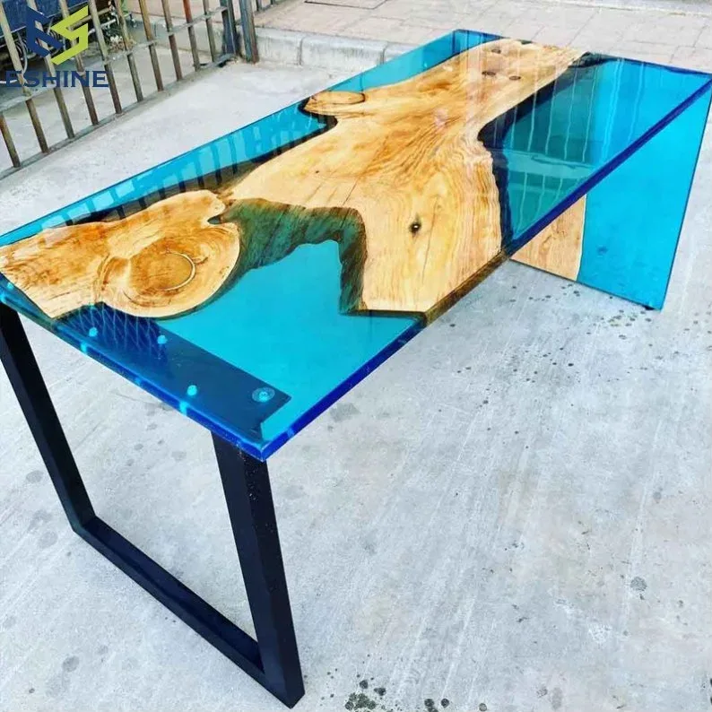 Bureau epoxy Chalaronne, résine bleue — ATELIER RIVIÈRE, fabrication à la commande