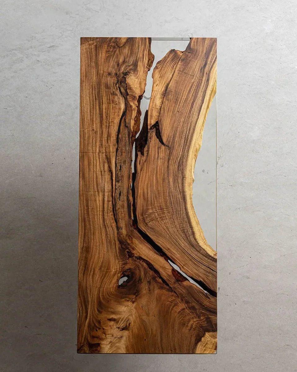 Plateau de table epoxy Ain, résine transparente — ATELIER RIVIÈRE, fabrication à la commande