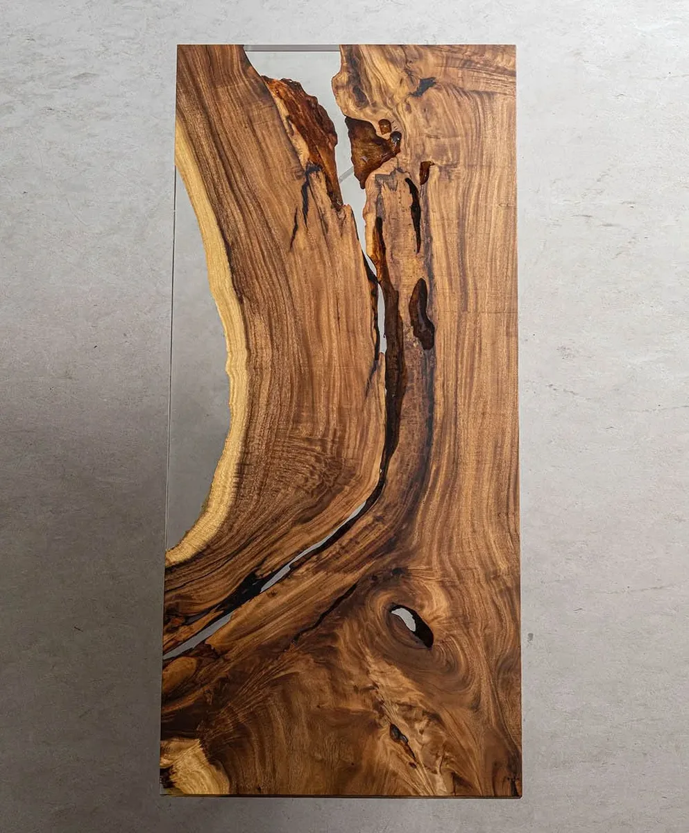 Plateau de table epoxy Bienne, résine transparente — ATELIER RIVIÈRE, fabrication à la commande