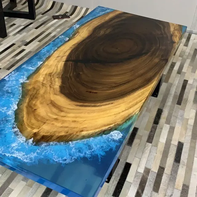 Plateau de table epoxy Grosne, résine bleue — plateaux epoxy