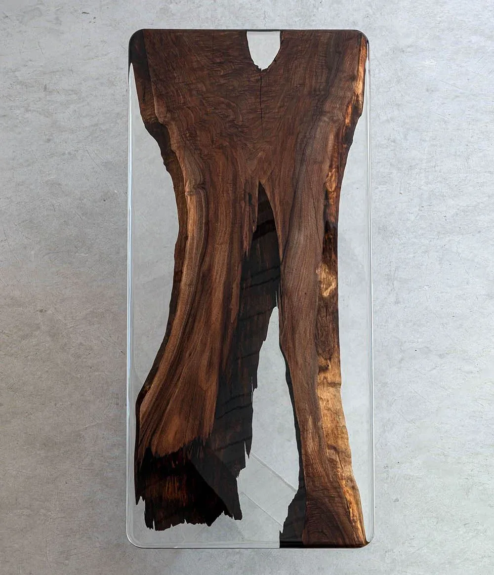 Plateau de table epoxy Iton, résine transparente — ATELIER RIVIÈRE, fabrication à la commande