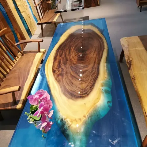 Plateau de table epoxy Léguer, résine bleue — plateaux epoxy