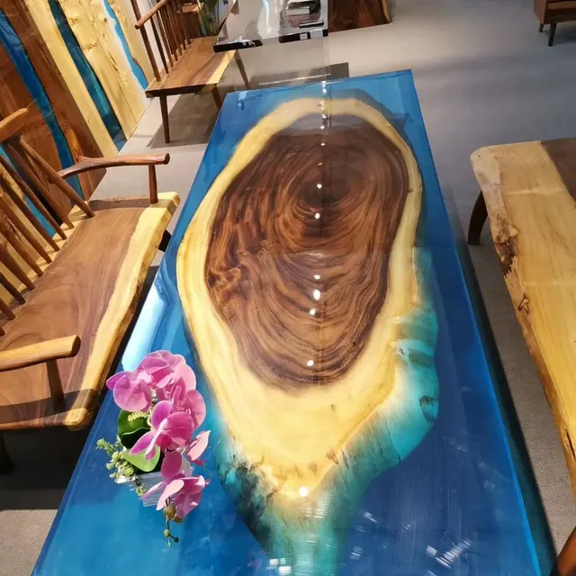 Plateau de table epoxy Léguer, résine bleue — plateaux epoxy