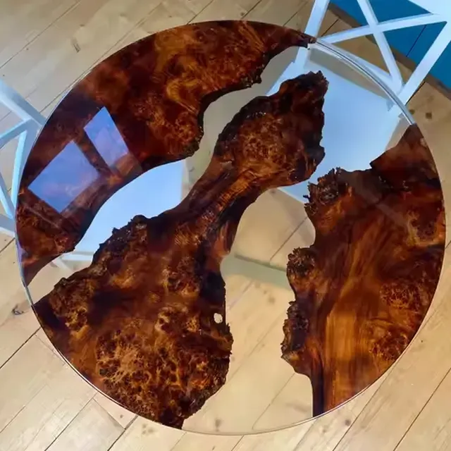 Plateau de table epoxy rond Auvézère, résine transparente — plateaux epoxy