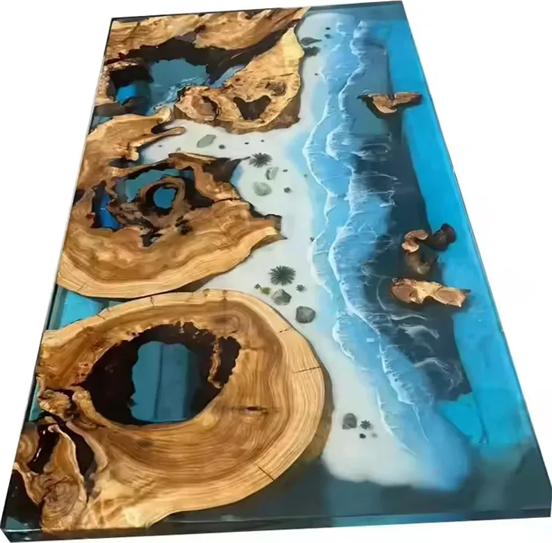Plateau de table océan Adour, résine bleue — ATELIER RIVIÈRE, fabrication à la commande