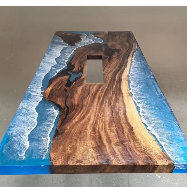 Plateau de table océan Auvézère, résine bleue — plateaux epoxy