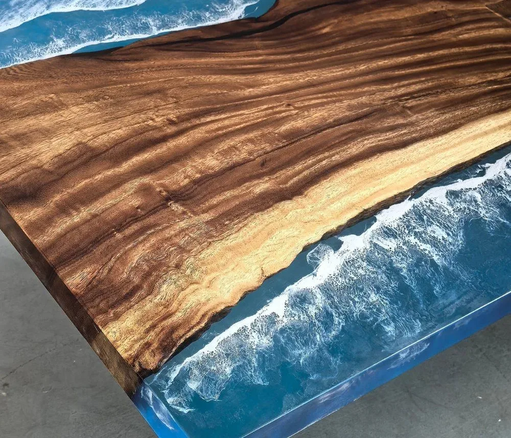 Plateau de table océan Auvézère, résine bleue, vue 4 sur 4