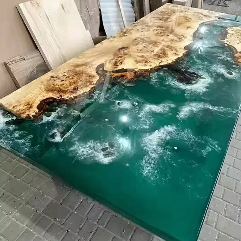 Plateau de table océan Bidouze, résine verte — ATELIER RIVIÈRE, fabrication à la commande