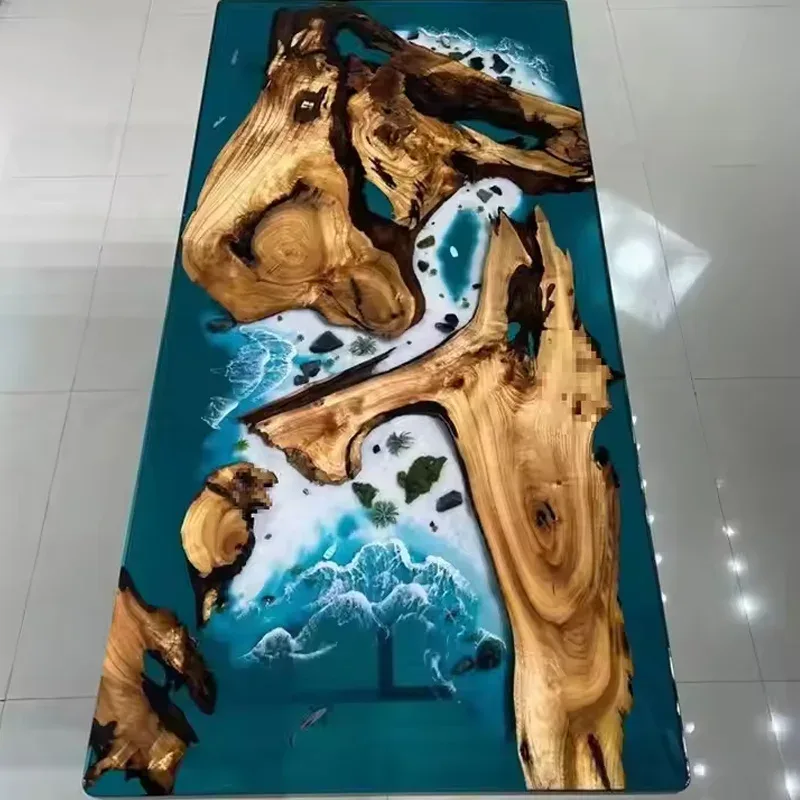 Plateau de table océan Gimone, résine bleue — ATELIER RIVIÈRE, fabrication à la commande