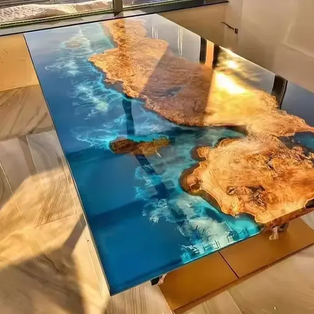 Plateau de table océan Leyre, résine bleue — plateaux epoxy