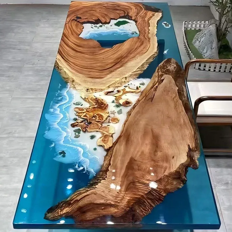 Plateau de table océan Lot, résine bleue — ATELIER RIVIÈRE, fabrication à la commande