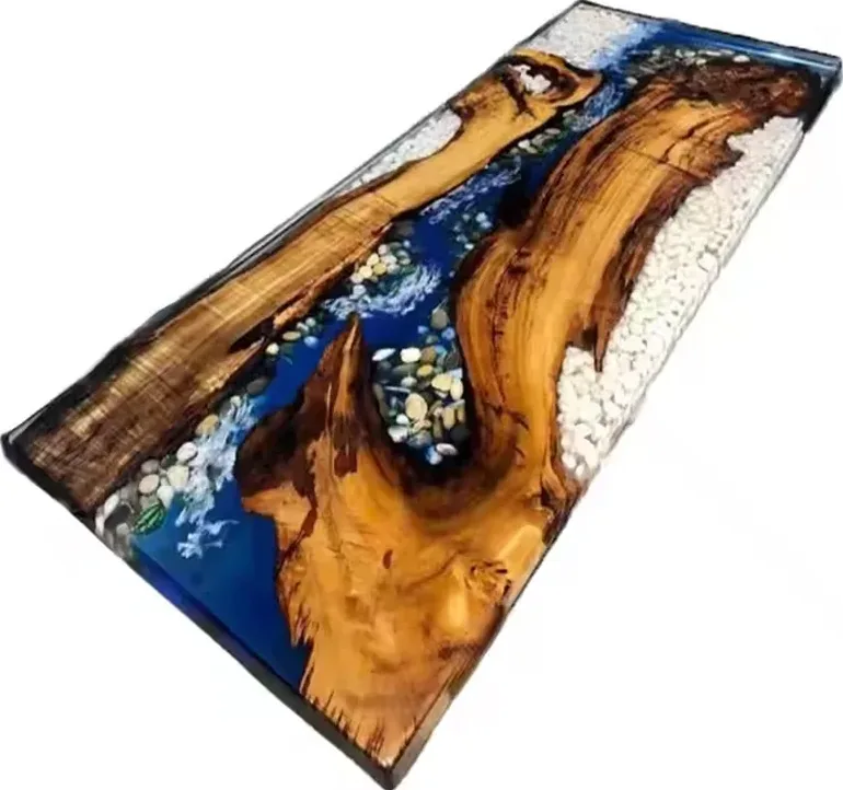 Plateau de table océan Midouze, résine bleue — ATELIER RIVIÈRE, fabrication à la commande