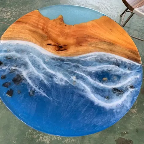 Plateau de table océan rond Dives, résine bleue — plateaux epoxy