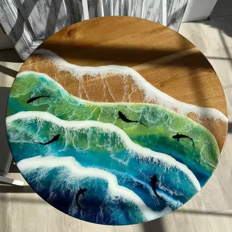 Plateau de table océan rond Truyère, résine verte — ATELIER RIVIÈRE, fabrication à la commande