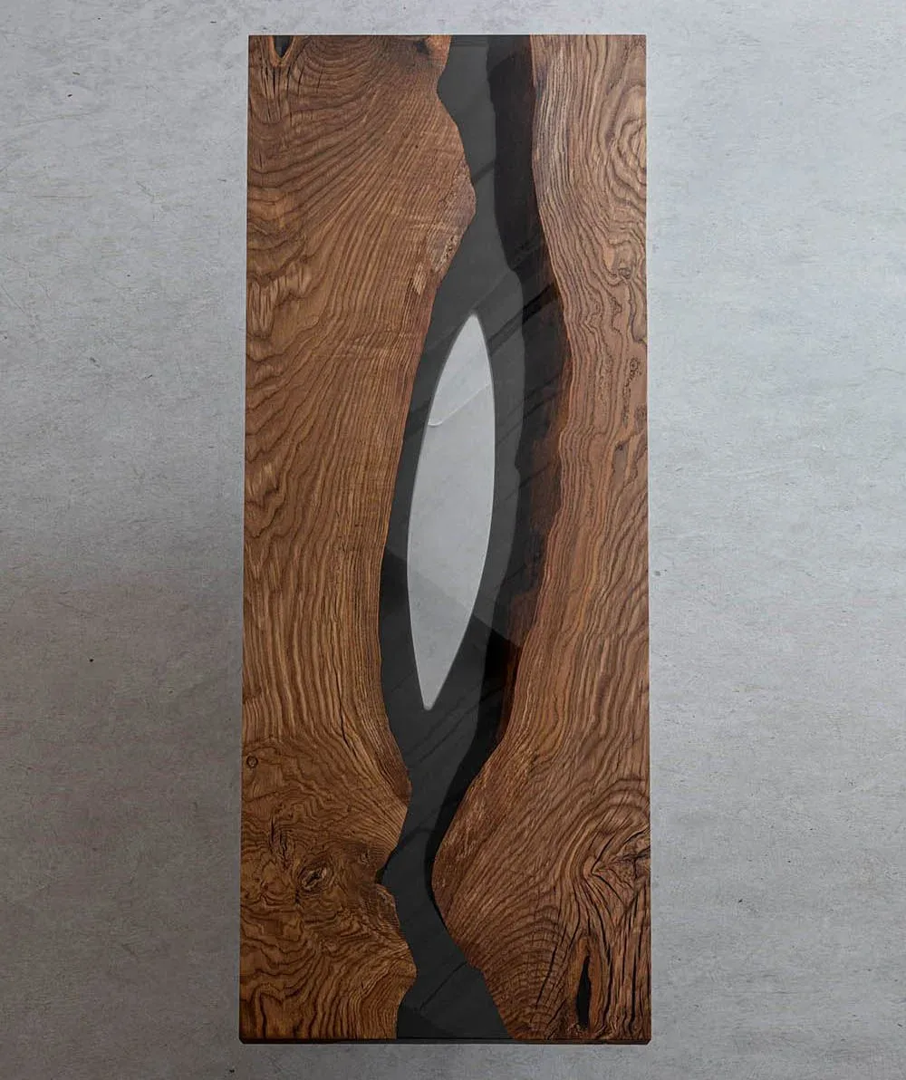 Plateau de table rivière Arc, résine noire — ATELIER RIVIÈRE, fabrication à la commande