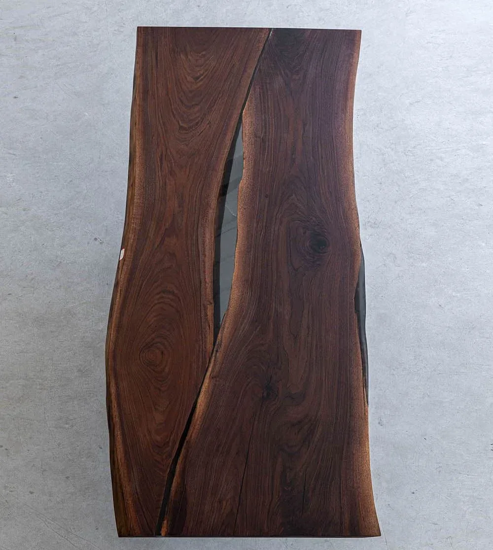 Plateau de table rivière Buëch, résine transparente — ATELIER RIVIÈRE, fabrication à la commande