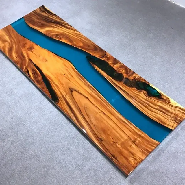 Plateau de table rivière Chiers, résine bleue — plateaux epoxy