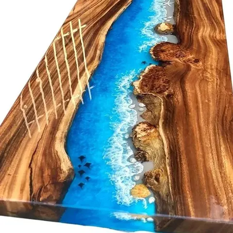 Plateau de table rivière Doubs, résine bleue — plateaux epoxy
