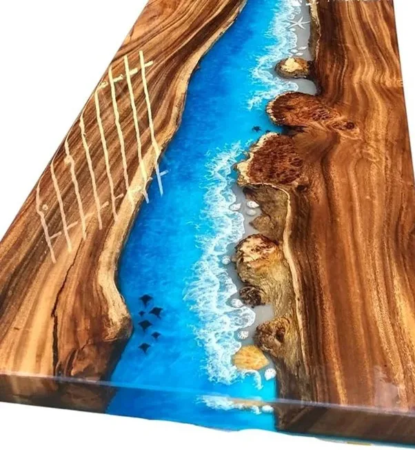 Plateau de table rivière Doubs, résine bleue — ATELIER RIVIÈRE, fabrication à la commande