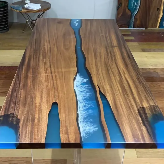 Plateau de table rivière Huveaune, résine bleue — plateaux epoxy