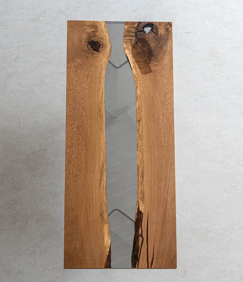 Plateau de table rivière Loue, résine transparente — ATELIER RIVIÈRE, fabrication à la commande