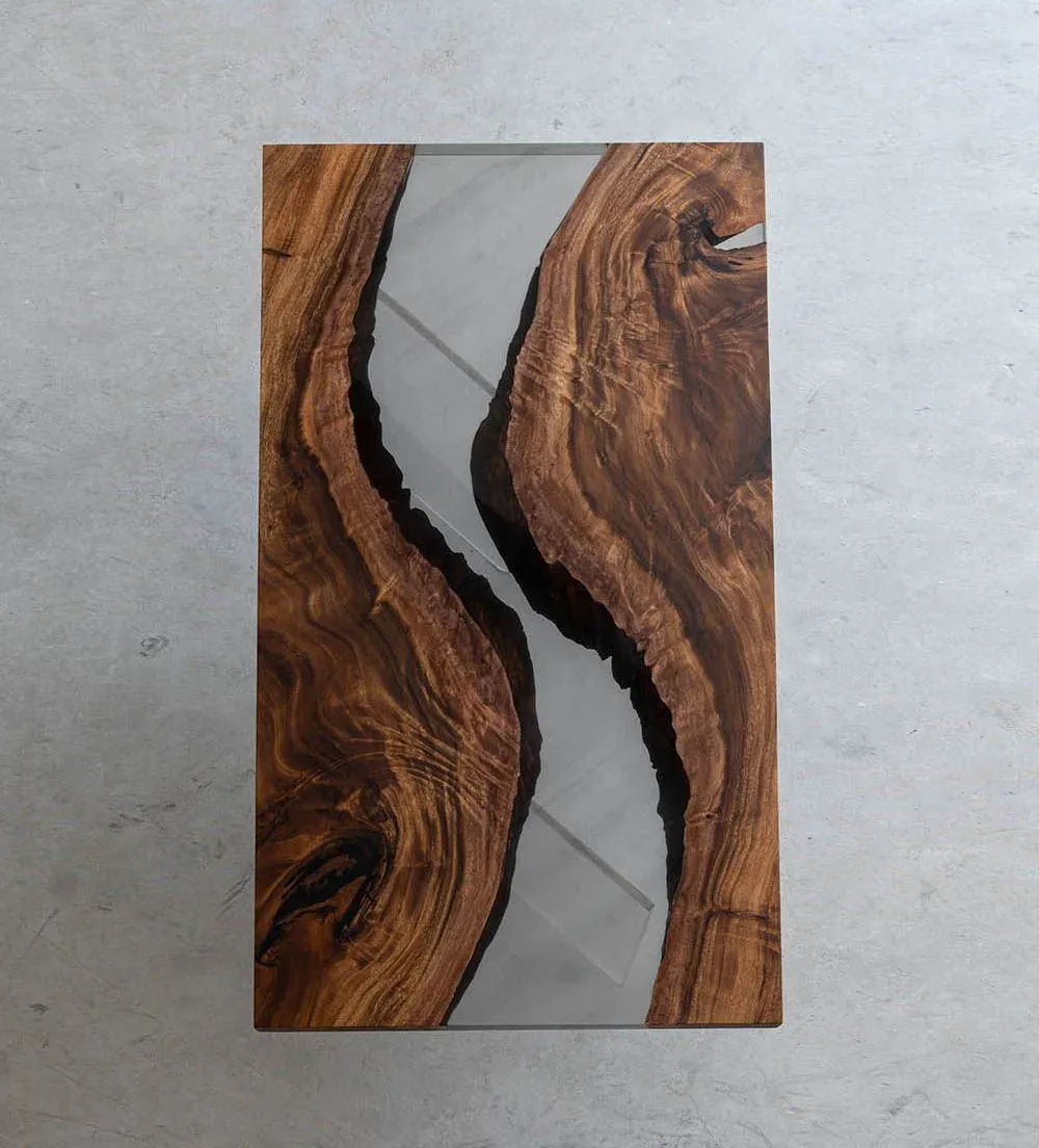Plateau de table rivière Saulx, résine transparente — ATELIER RIVIÈRE, fabrication à la commande