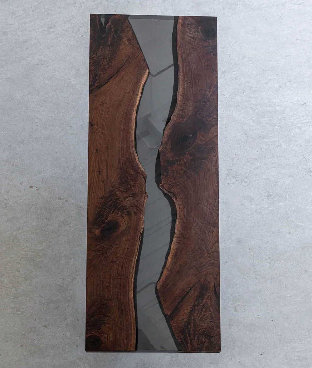 Plateau de table rivière Ubaye, résine transparente — ATELIER RIVIÈRE, fabrication à la commande