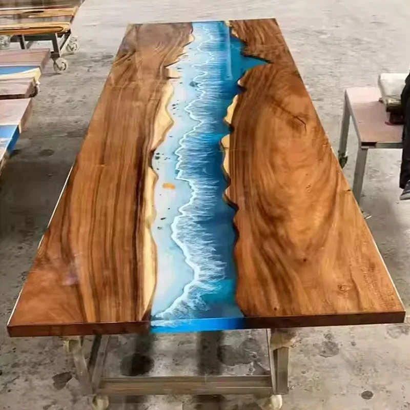 Plateau de table rivière Valserine, résine bleue, vue 2 sur 2