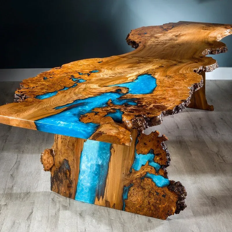 Table à manger epoxy de forme libre Largue, résine bleue — ATELIER RIVIÈRE, fabrication à la commande