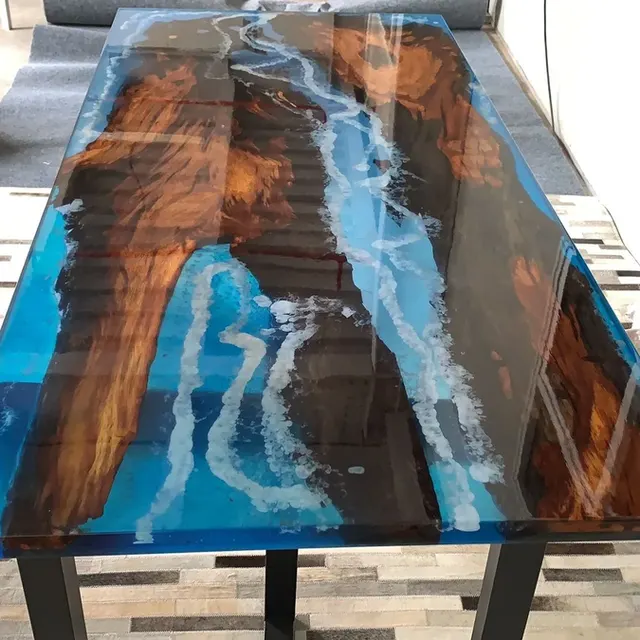 Table à manger epoxy Dives, résine bleue — tables à manger epoxy