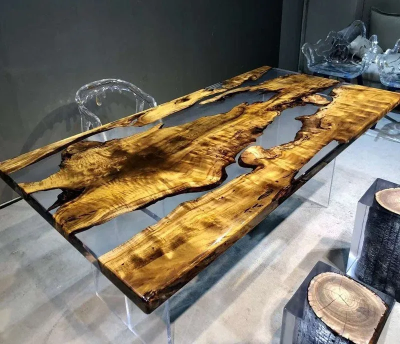Table à manger epoxy Jaudy, résine transparente — ATELIER RIVIÈRE, fabrication à la commande
