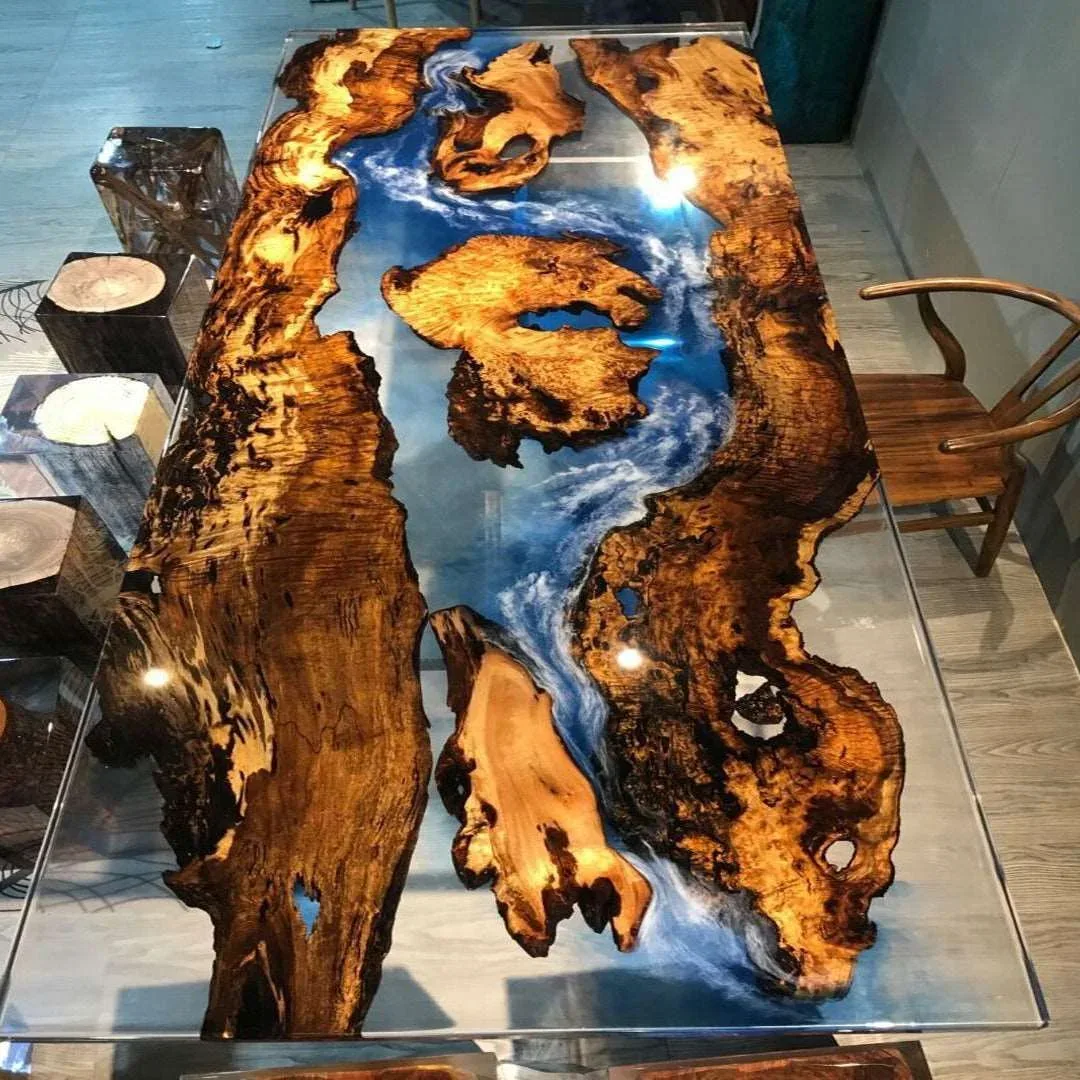 Table à manger epoxy Rance, résine bleue — ATELIER RIVIÈRE, fabrication à la commande