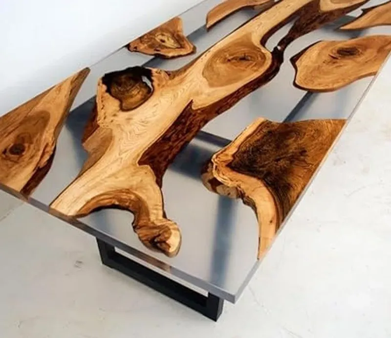 Table à manger epoxy Scorff, résine transparente — ATELIER RIVIÈRE, fabrication à la commande