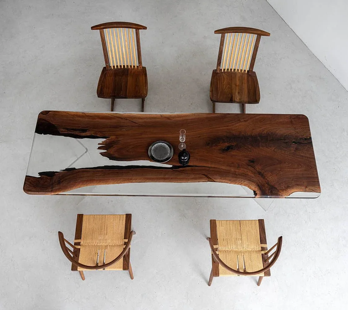 Table à manger epoxy Sorgue, résine transparente — ATELIER RIVIÈRE, fabrication à la commande