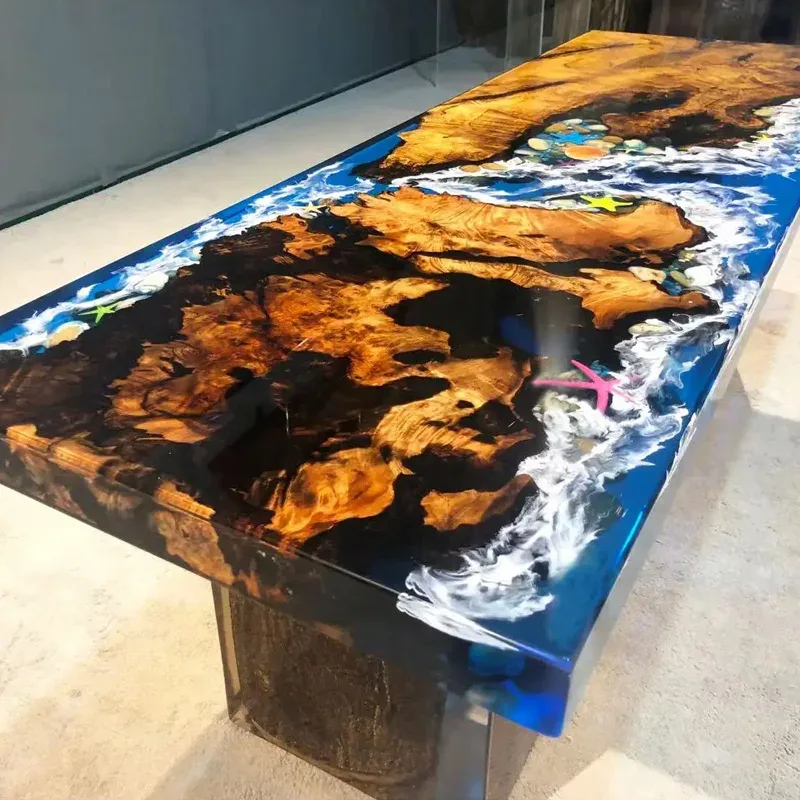 Table à manger océan Beuvron, résine bleue — ATELIER RIVIÈRE, fabrication à la commande