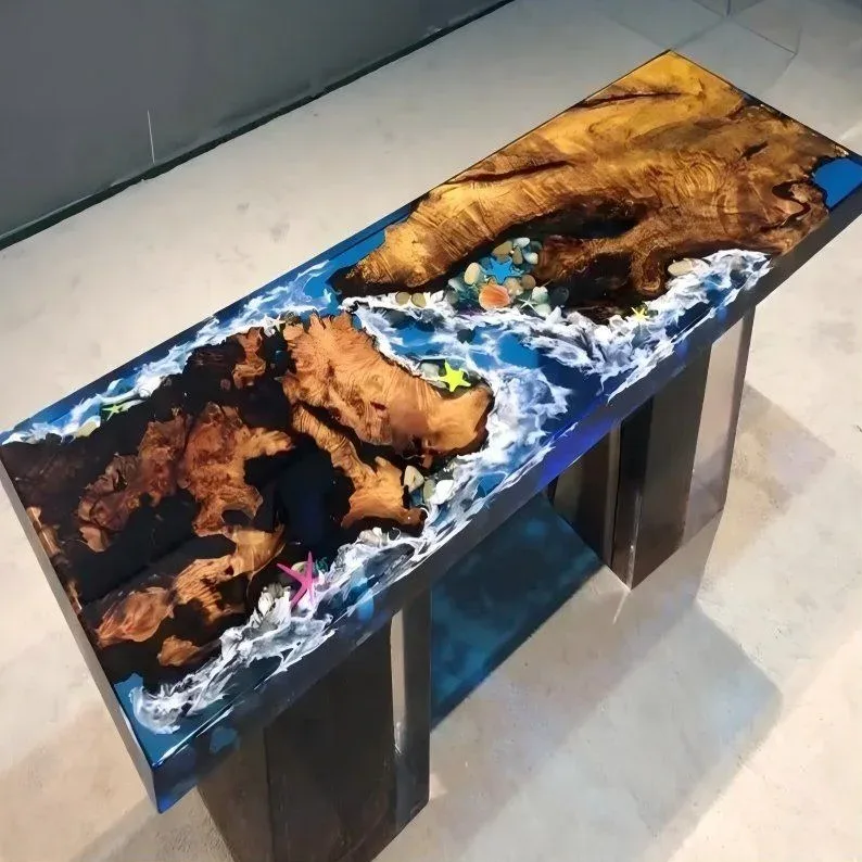 Table à manger océan Gardon, résine bleue, vue 2 sur 2
