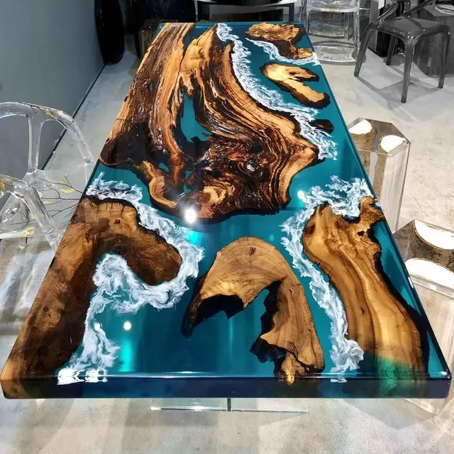 Table à manger océan Moder, résine bleue — tables à manger epoxy