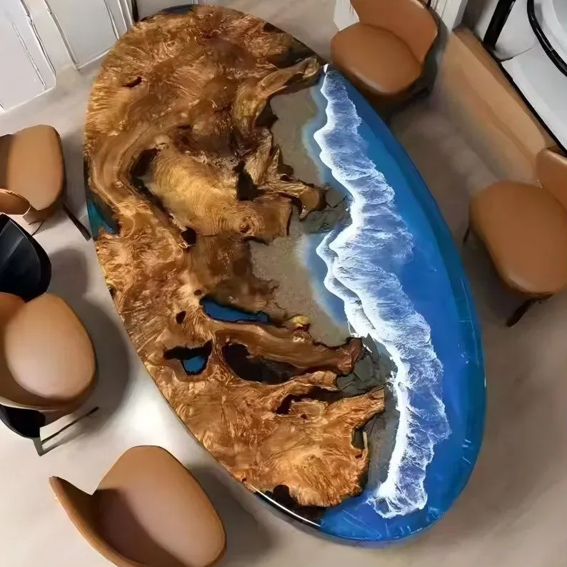 Table à manger océan ovale Leyre, résine bleue — ATELIER RIVIÈRE, fabrication à la commande