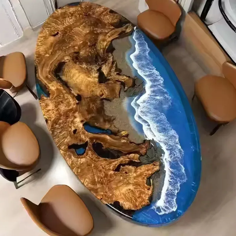 Table à manger océan ovale Leyre, résine bleue, vue 2 sur 2