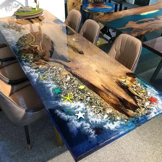 Table à manger océan Vilaine, résine bleue — tables à manger epoxy