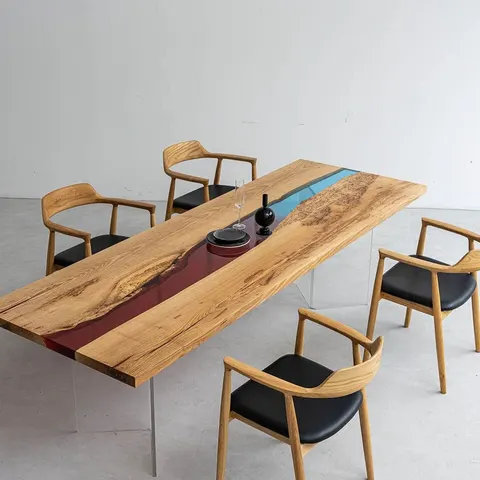 Table à manger rivière Allier teinte chêne, résine colorée — tables à manger epoxy
