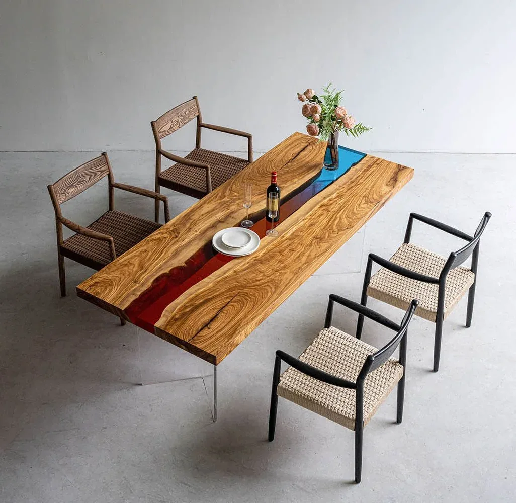 Table à manger rivière Allier teinte chêne, résine colorée, vue 2 sur 7