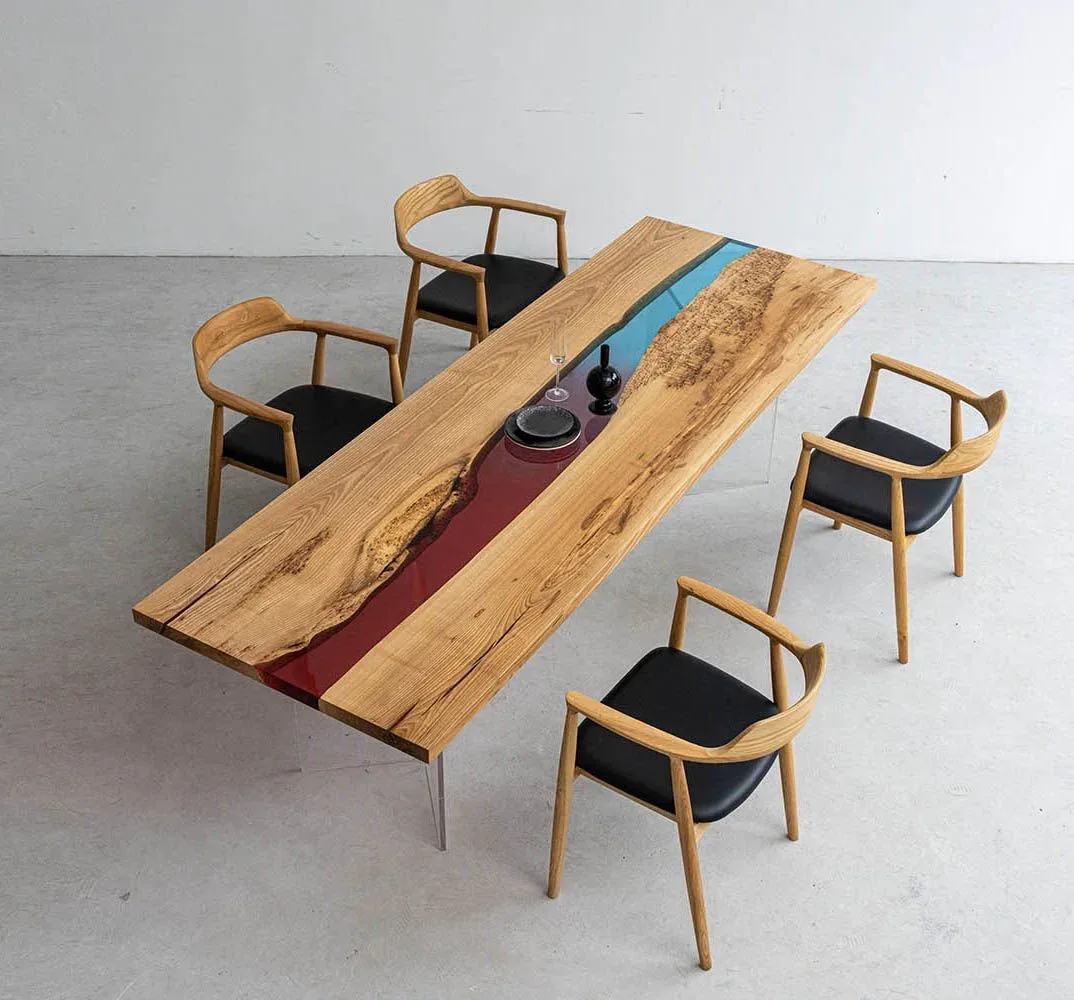 Table à manger rivière Allier teinte chêne, résine colorée, vue 7 sur 7