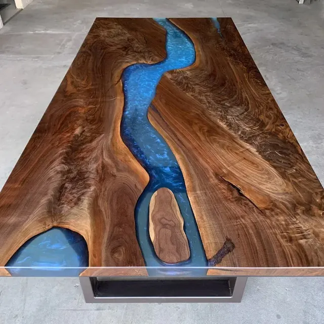 Table à manger rivière Arguenon, résine bleue — tables à manger epoxy