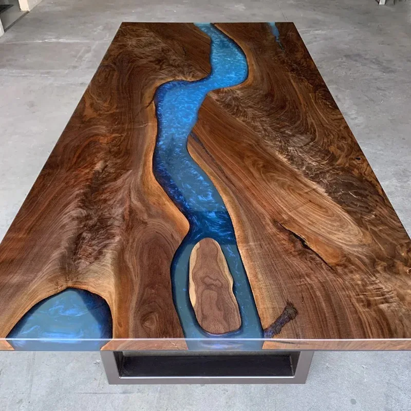 Table à manger rivière Arguenon, résine bleue — ATELIER RIVIÈRE, fabrication à la commande