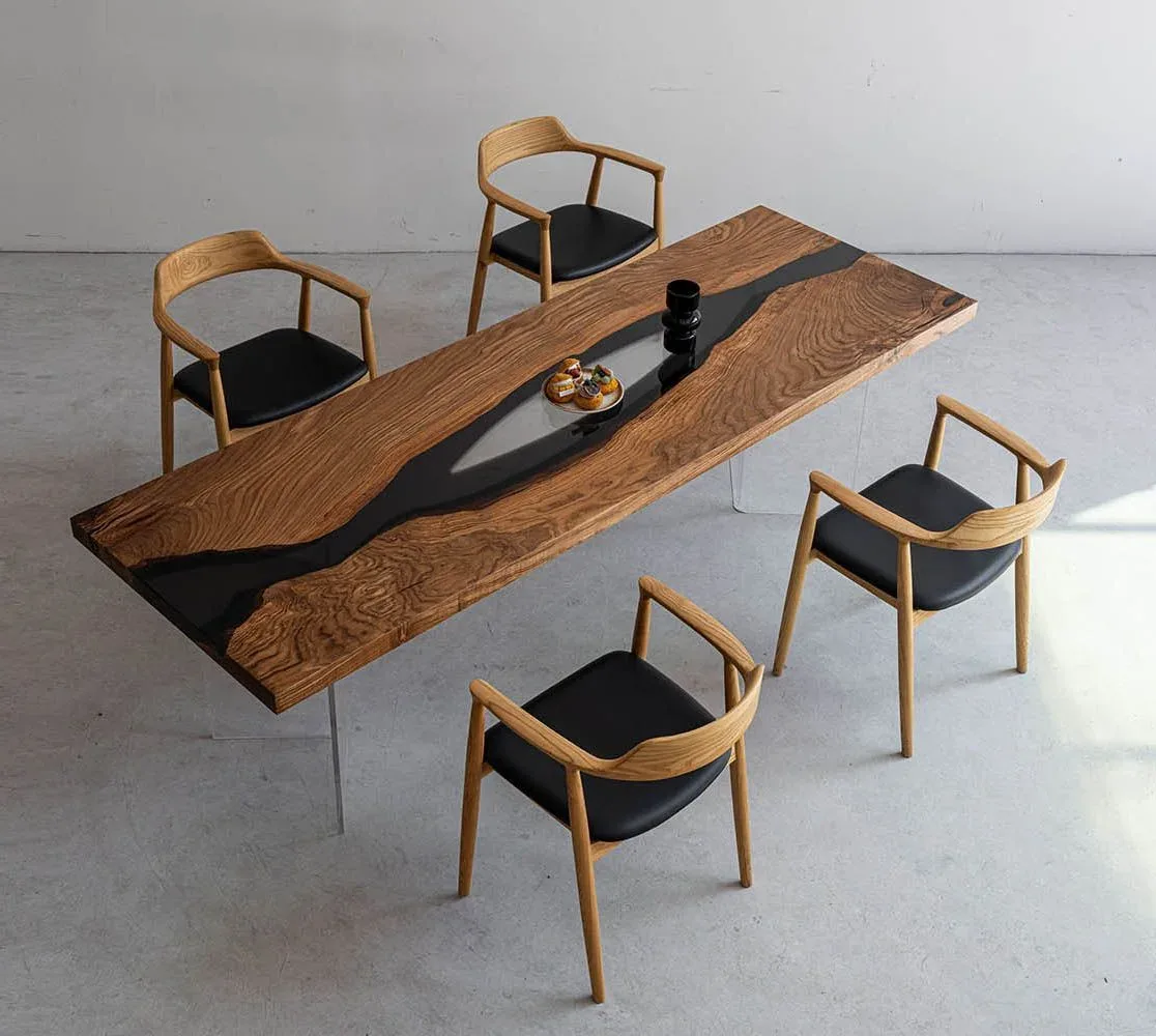 Table à manger rivière Ariège teinte chêne, résine noire, vue 2 sur 3