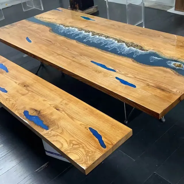 Table à manger rivière Arve, résine bleue — tables à manger epoxy