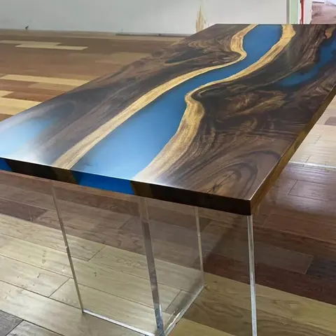 Table à manger rivière Aulne, résine bleue — tables à manger epoxy