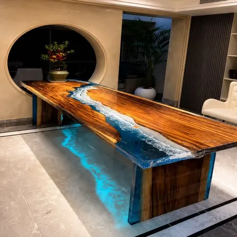 Table à manger rivière Authion, résine bleue — tables à manger epoxy