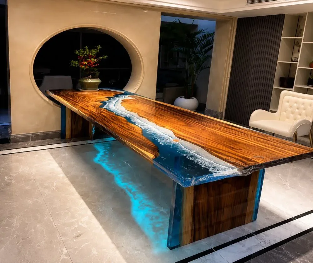 Table à manger rivière Authion, résine bleue — ATELIER RIVIÈRE, fabrication à la commande
